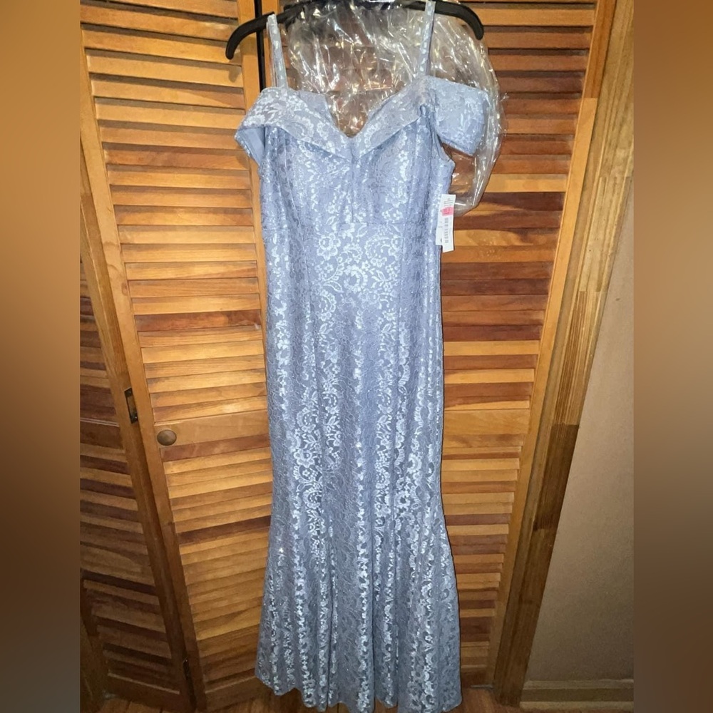 Dusty blue formal gown.